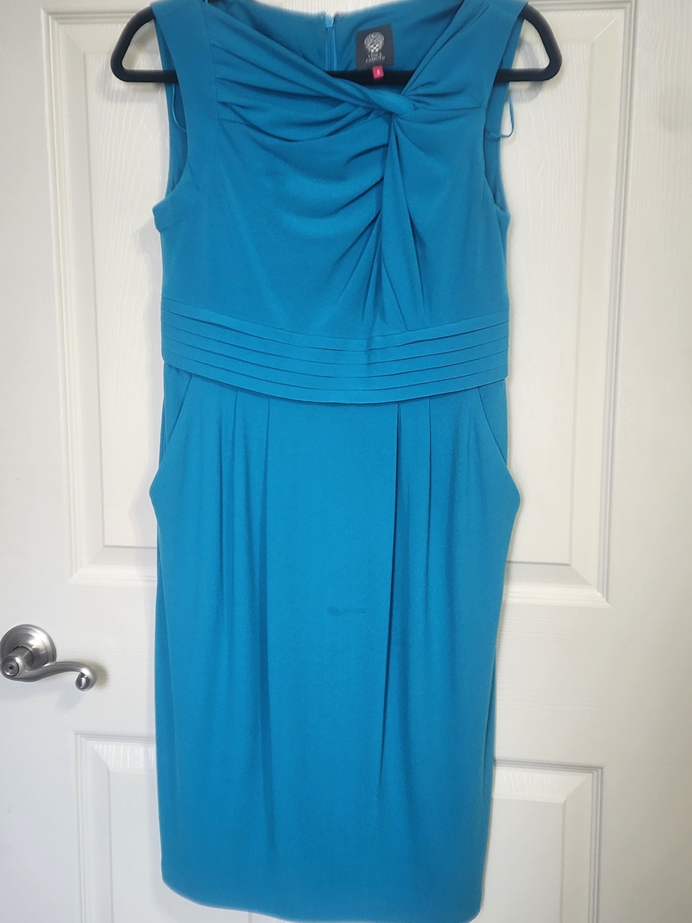 Vince Camuto Sleeveless Teal Sheath Dress with Twist Front Detail